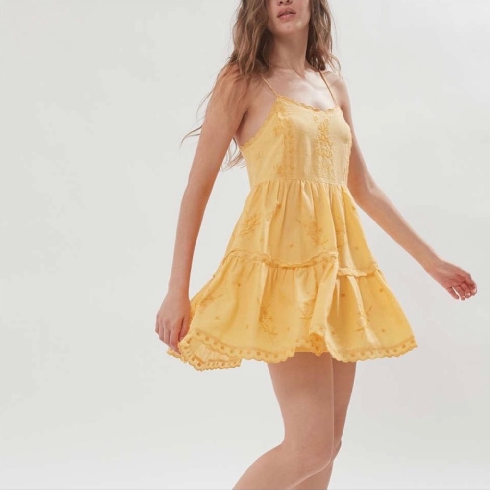 Urban outfitters Hanna yellow Babydoll embroidered scalloped mini dress